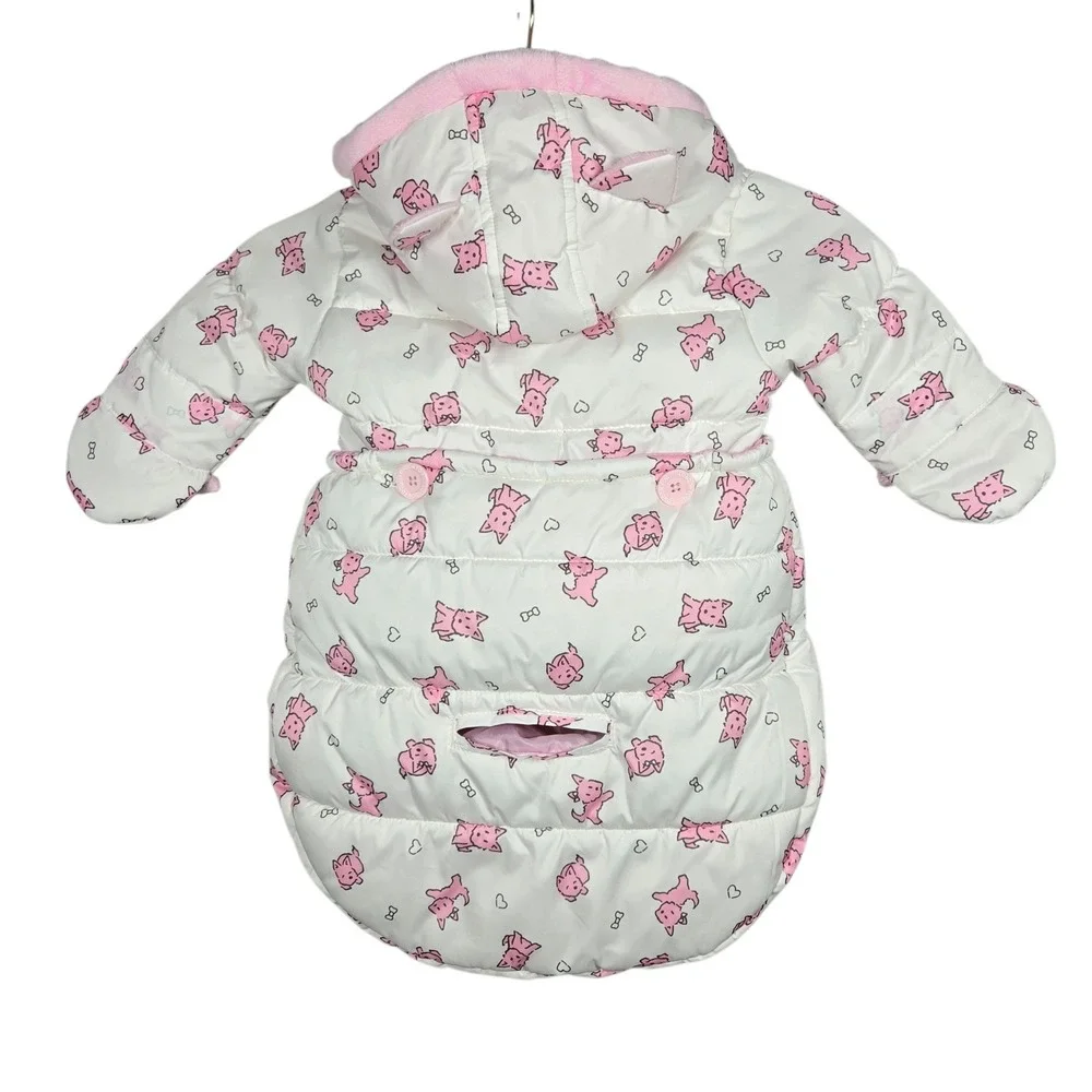 London Fog Puffer Bunting Bag Baby Girls 0-6M White Pink Dog Print Fleece Pram